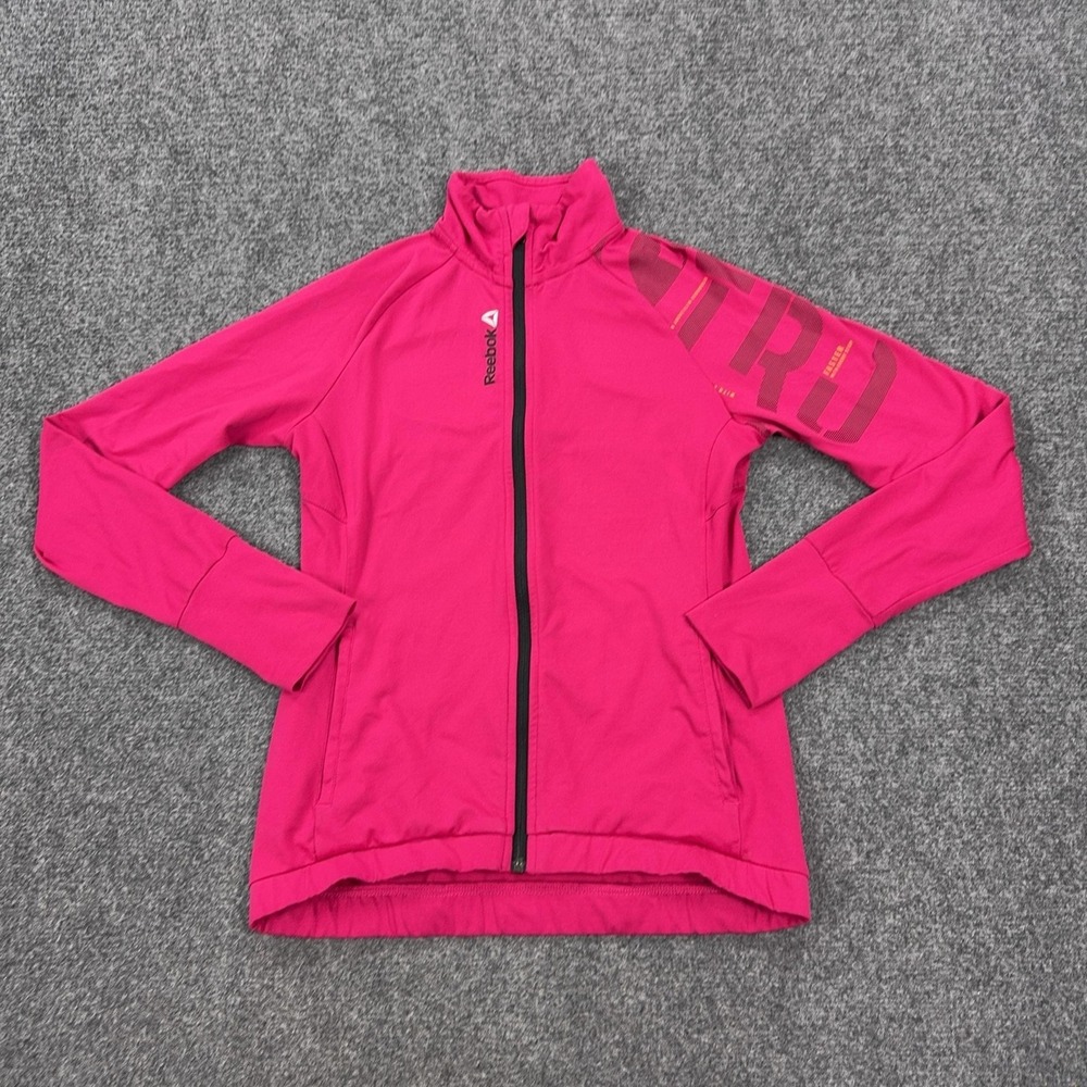 Reebok PlayDry Track Jacket Womens Small Pink Full Zip Thumbholes Athletic